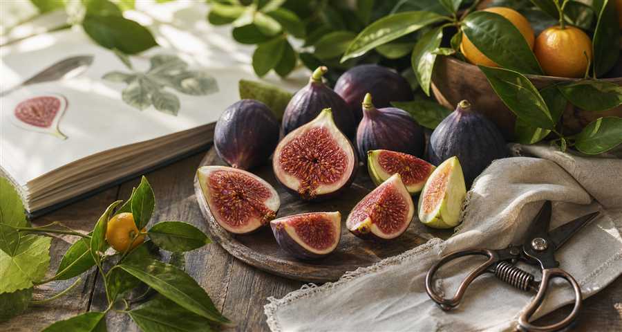 A refined harvest table with sliced figs, whole figs, citrus leaves, and pruning shears.