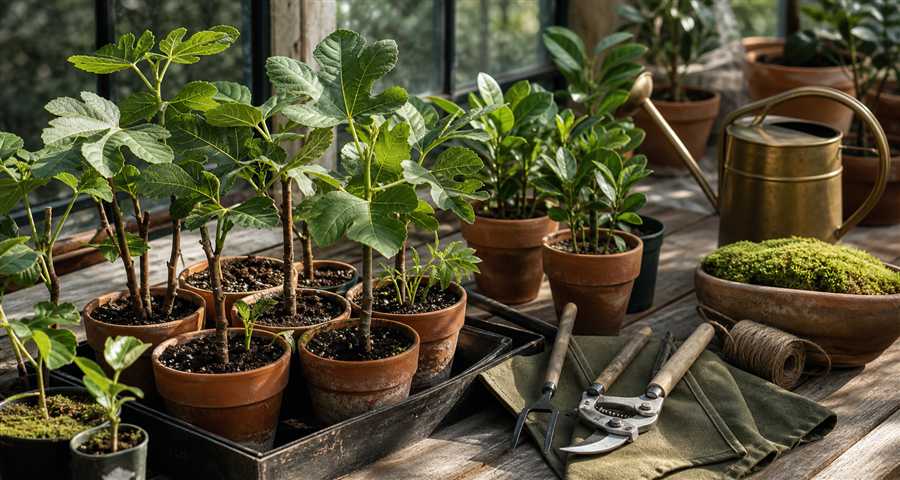 Young fig trees and citrus seedlings in clay pots on a tidy propagation bench.